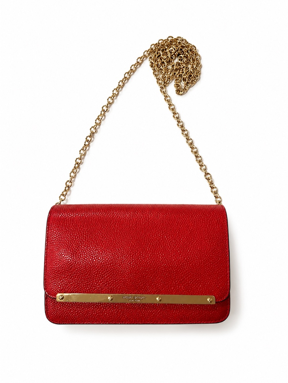 Henri Bendel Red Pebbled Leather Crossbody Wallet on Chain WOC Clutch